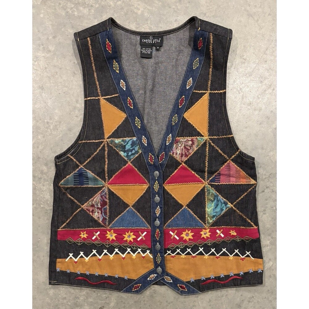 Carole Little Sport Women’s Medium Patchwork Button Vest Black Boho